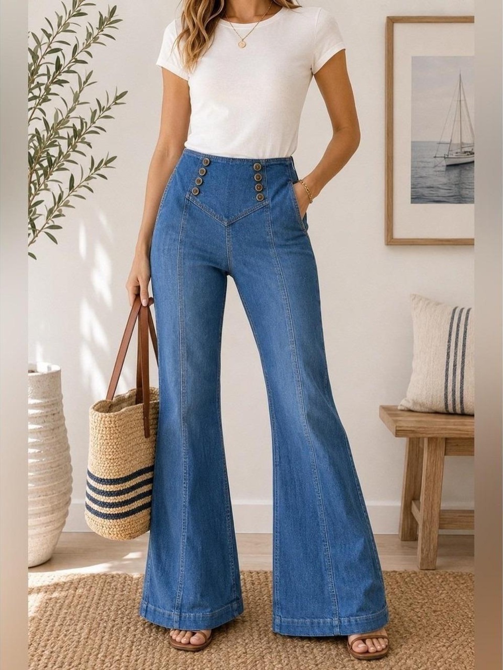 Anthropologie Medium Blue High-Waist Flare Jeans with Button Detail